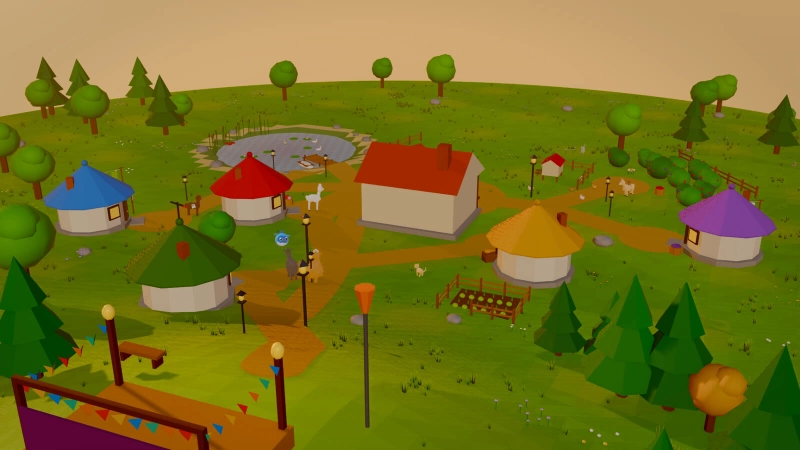 An overhead view of the colourful huts, bakery, paths and pond at golden hour.