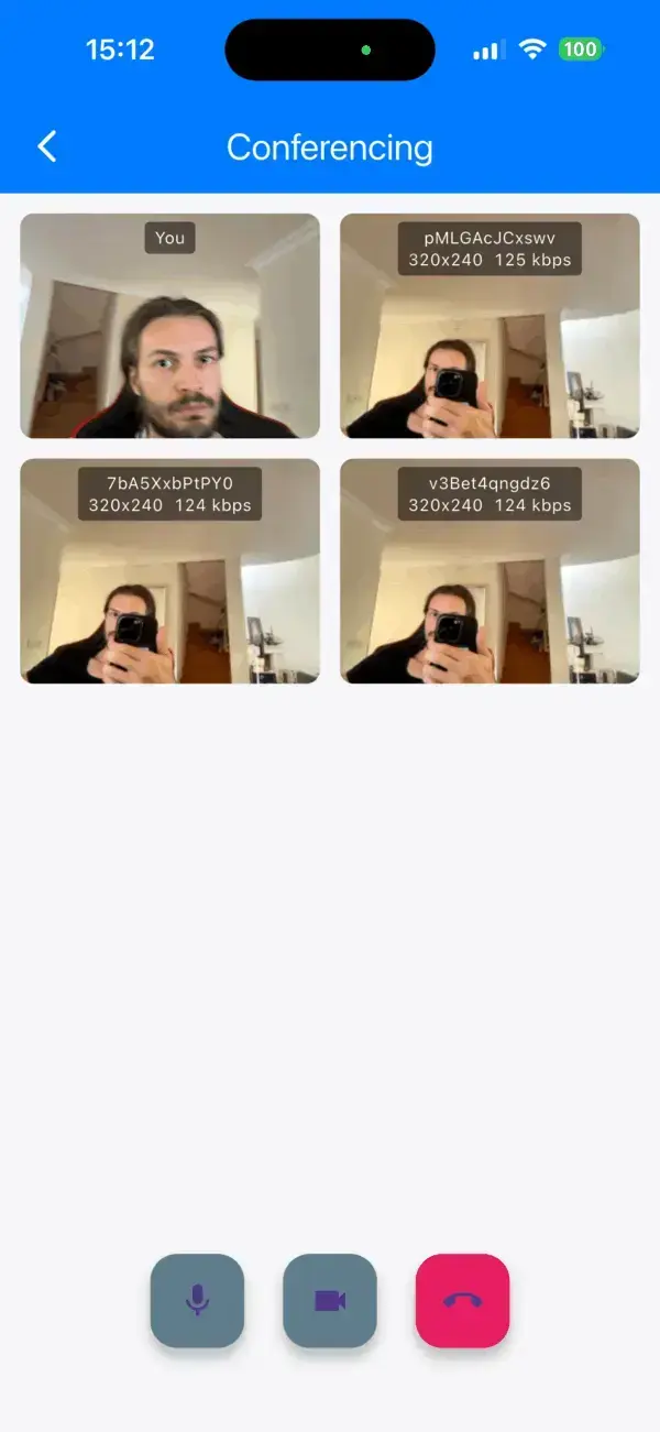 Multi-party Flutter WebRTC video conference on iPhone with three browser participants in Ant Media Server room demo