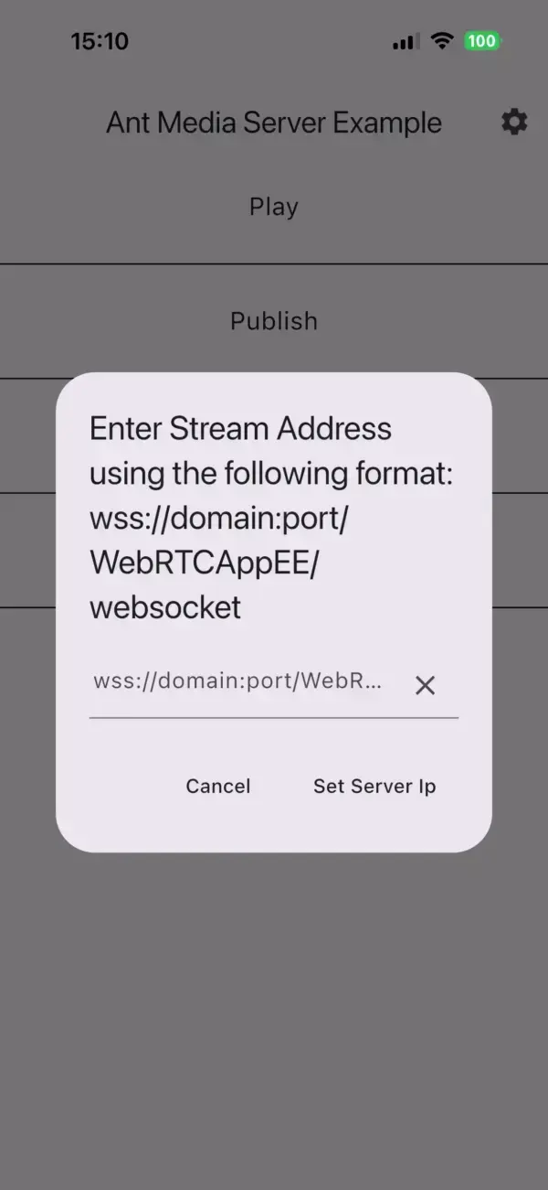 Flutter video conference app server settings screen on iPhone with the Ant Media Server WebSocket URL entered