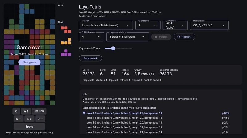 Actual Laya Tetris browser run with the tuned choice player, 51 lines cleared and its candidate probabilities visible