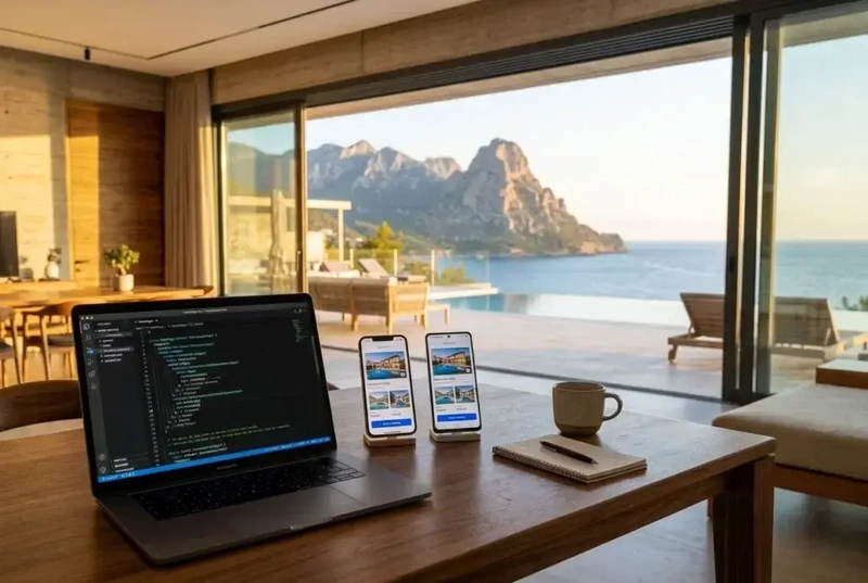 MacBook with Flutter code in VS Code next to an iPhone and an Android phone running the same real estate app