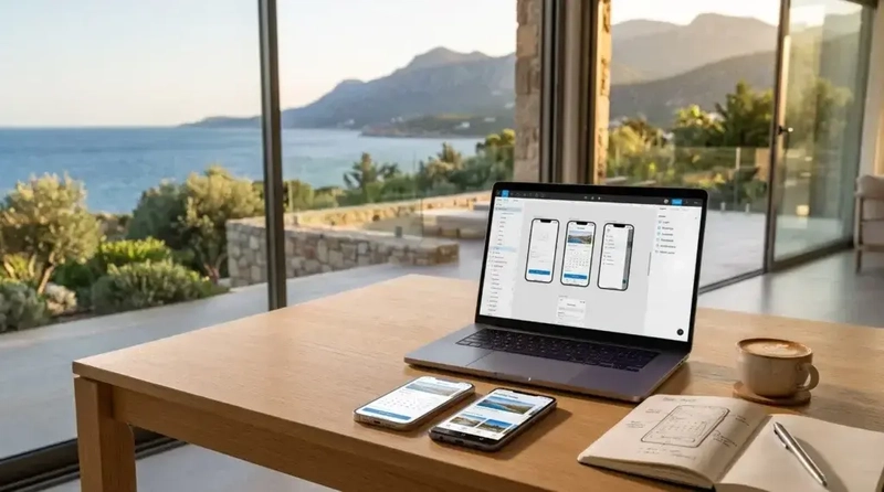 MacBook with mobile app wireframes and a feature list, next to an iPhone and an Android phone running the same booking app